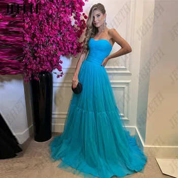 JEHETH Elegant Prom Party suknelės Mielaširdingos berankovės Užtrauktukas Atgal vakariniai chalatai Tiulis A-Line Blue 2023 فساتين مناسبة رسمية