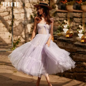 JEHETH Lilac One Shoulder Prom Suknelė Pastoral Tea Length Pleats Party Gown Fluffy Evening Backless A Line платье на выпускной