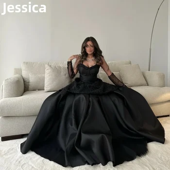 Jessica Black Prom suknelė Prabangi satino vakarinė suknelė 2024فساتين السهرة Nėriniai ilgomis rankovėmis Elegantiška Lady Formal Wear Party suknelė