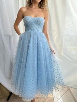 Jiayigong Sky Blue Midi Prom suknelės Moterys A Line Strapless Pleats Homecoming Gowns Formal Pageant Party Bridesmaid Dress Free