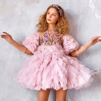 Jill Wish Luxury Pink Girl Suknelė Krištolo karoliukai Duabi Elegantiškos vaikų vestuvės Gimtadienis Pirmosios Komunijos vakarėlis Baliniai chalatai 2024 J315