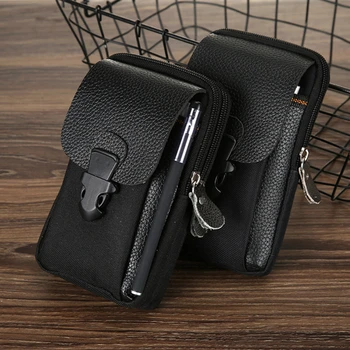 Juodas vyriškas mobiliųjų telefonų krepšys Pu odinis dvigubas užtrauktukas vyriškas juosmens krepšys Piniginė lauke vyriškas juosmuo krepšys