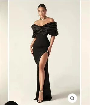Juodos satino undinėlės suknelės Kieti marlės raukiniai su kortų pečių iškirpte Moterų oficiali proga Elegantiški chalatai Prom suknelės