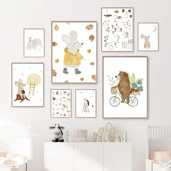 Kawaii Animal Bear Mouse Rabbit Sun Number Wall Art Canvas Painting Nordic Posters And Prints Wall Pictures Baby Kids Room Decor