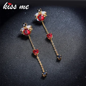 KISS ME Red Zircon Copper Bee Long Dangle Auskarai Naujo dizaino vestuvės Korėjietiški auskarai Mados aksesuarai
