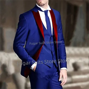 Klasikiniai mėlyni vestuviniai vyriški kostiumai Slim Fit Single Breasted Peak Lapel Groom Tuxedos3 Pieces Sets Business Male Blazer Kostiumas Homme