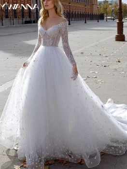 Klasikinė O kaklo vestuvinė suknelė ilgomis rankovėmis Blizgučiai Perlai Nuotakos chalatas Elegantiškas A linijos ilgas nuotakos chalatas Chalatas De Mariée