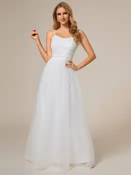 Klasikinės vestuvinės suknelės Reguliuojamas spagečių dirželis Tiulis su juosmeniu Paillette 2024 BAZIIINGAAA iš grandinėlės baltos nuotakos suknelės