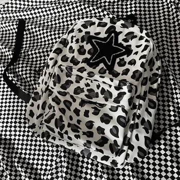 Korean Casual Vintage Y2k Women Streetwear Leopard Backpack Sweet Star Cool Girl Schoolbag School kuprinės kolegijos studentams