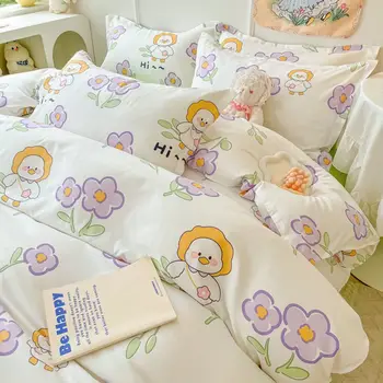 korėjietiško stiliaus šviežios gėlėtos patalynės antklodės užvalkalai, pagalvių užvalkalai, trijų dalių rinkinys rausvos mergaitės atspausdinti buitinių antklodžių užvalkalai