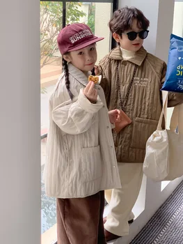 Korėjiečių 2023 m. žiemos vaikai Berniukai Parkas Medvilnės paminkštintas sutirštinimas Pasukite žemyn Kid Boys paltas Laisvas Solid Letter Kids Boy Outwear Striukė