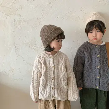 Korėjiečių vaikų megztiniai Kardiganas Ruduo ir žiema 2021 Kūdikis Šiurkštus vilna Kanapės Retro Kardigano paltas Berniukai Mergaitės Megztiniai