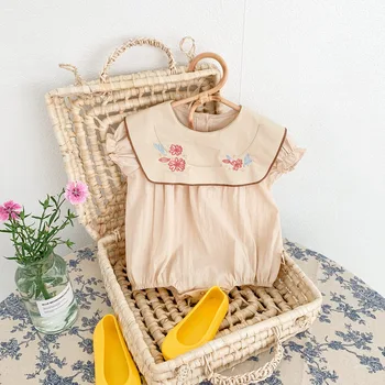 Korėjos vasaros kūdikis naujagimis mergaitė Romper atlapas Apykaklė Žibinto rankovė Kietos medvilnės siuvinėjimas Gėlių princesės butikas Crawlwear