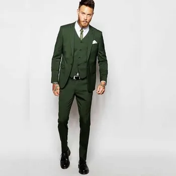 Kostiumas Homme Green Vyriški kostiumai 3 dalių švarko kelnės Liemenė Slim Fit Aukštos kokybės vestuvių jaunikių drabužiai Aukščiausias atlapas 2023