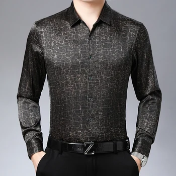 Krekingo spausdinimas Šilkiniai vyriški marškiniai ilgomis rankovėmis džentelmenų vintažinis pavasaris Nauja kokybė Smooth Comfortable Casual Luxury Chemise Homme