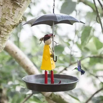 Kūrybinė paukščių vonia Kabantis paukščių tiektuvas Mergaitė su skėčiu Padėklas Kiemo sodo dekoravimas Lauko sodininkystė Išorės apdaila