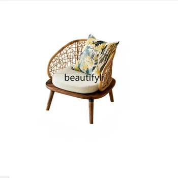 Kūrybinė svetainė Riešutmedžio sofos derinys Buitinis rotango modernus minimalistinis medžio masyvo atlošas Atlošiami baldai
