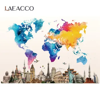 Laeacco Senovinė akvarelė Pasaulio žemėlapis Foninė fotografija Big Beno Laisvės statula Pasviręs bokštas Foto fonas Foto
