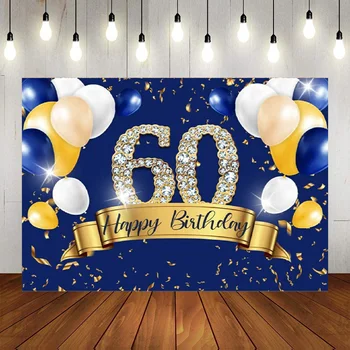 Laimingas 60-asis gimtadienis Vakarėlis Fonas Karinio jūrų laivyno mėlynas auksinis balionas Vyrai Šešiasdešimt fotografijų fonas Blizgučiai Deimantai 60-asis reklaminis dekoras