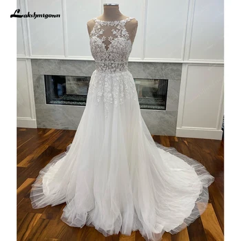 Lakshmigown Nėrinių gėlėta vestuvinė suknelė moterims 2024 Aplikacijos Nuotakos vestuvinė suknelė be nugaros Pagal užsakymą pagamintas chalatas de mariee