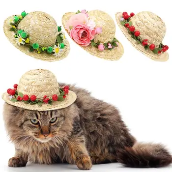 Legendog 1vnt Creative Pet Straw Hat Flower Berry Decor Miela kačių šunų kepurė su reguliuojamu smakro dirželiu Pet Reikmenys Plaukų aksesuarai
