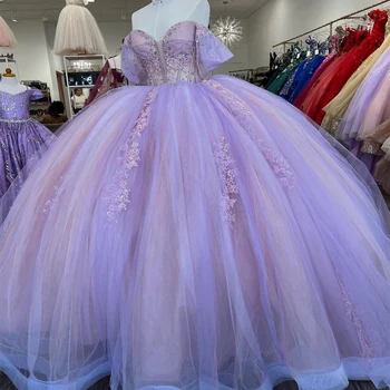 Levandų princesė Mieloji Quinceanera suknelės Merginos Ball Gown Aplikacijos nėrinių karoliukai Tull Ball Gown Sweet 16 Gimtadienis Vestido De