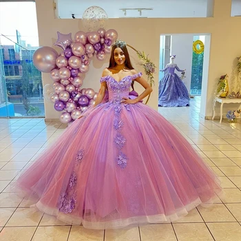 Lilac Princess Quinceanera suknelės Ball Gown Off The Shoulder Tiulio aplikacijos Saldžios 16 Suknelės 15 Años Meksikietiškos