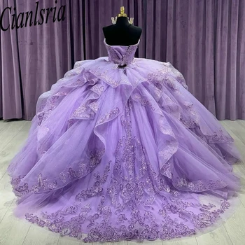 Lilac Sweetheart Ruffles Ball Gown Quinceanera Suknelės Blizgučiai Aplikacijos Nėrinių korsetas Vestidos De 15 Años