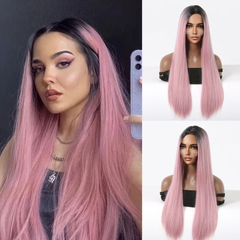 Long Pink Black Halloween Synthetic Wigs Middle Part Moteriškas šilkinis tiesių plaukų perukas Cosplay vakarėliui Lolita Natural Looking