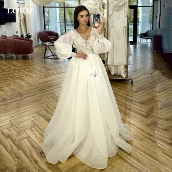 LORIE blizgučiai Vestuvinės suknelės Pūstomis rankovėmis Aplikacijos Nėriniai V Kaklas Aplikacija Nėriniai Boho nuotakos suknelė 2024 Tiulis vestidos de novia