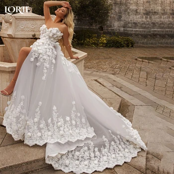 LORIE Empire Nėriniuotos vestuvinės suknelės nuo peties Sweetheart A-Line 3D gėlės Nuotakos chalatai Silt Princess Backless Nuotakos suknelė 2023