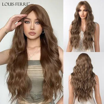 LOUIS FERRE Golden Brown Long Wavy Synthetic Wig for Women Fake Hair With Bangs Daily Cosplay Karščiui atsparus natūralus blondinės perukas