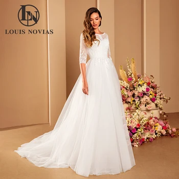 LOUIS NOVIAS BOHO Vestuvinės suknelės moterims 2024 m. SCOOP Illusion Nuotaka A-Line Court Train siuvinėjimo vestuvių suknelė Vestido De Novia