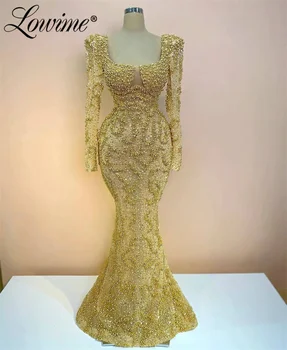 Lowime arabiška vakarinė suknelė auksiniais karoliukais ilgomis rankovėmis chalatai De Soirée vestuvinės suknelės 2024 m. Oficialios undinės prom suknelės