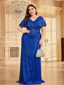 Lucyilove Plus Size Luxury Blue V-Neck Sequin Vakarinė suknelė Moterų vakarėlis Undinėlė Prom Trumpomis rankovėmis Kokteilinė suknelė Grindys Lenght