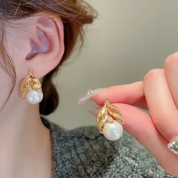 Madingi perlų lapų auskarai moterims Temperamento papuošalai