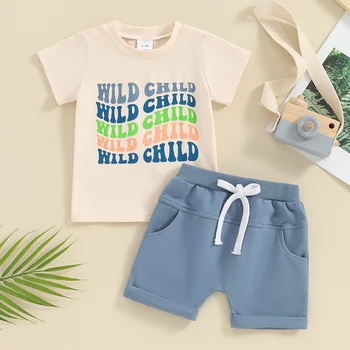 Mažyliai berniukai Vasaros apranga Laiškas Spausdinti Marškinėliai trumpomis rankovėmis Elastiniai laisvalaikio šortų komplektas kūdikiui