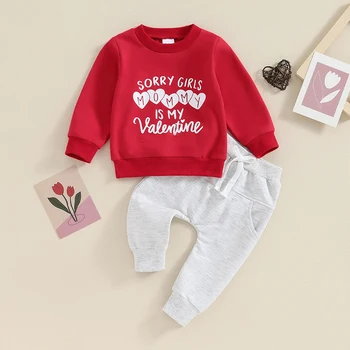 Mažylio berniuko Valentino dienos apranga Laiškas Spausdinti Džemperis ilgomis rankovėmis Elastinės kelnės Komplektas Kūdikių drabužiai Krenta
