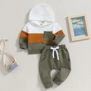 Mažylis Baby Boy Kelnaičių komplektai Pavasario rudens drabužiai Kontrastinės spalvos drabužiai ilgomis rankovėmis ir vienspalvės kelnės Drabužiai
