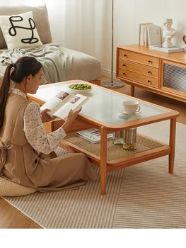 Medžio masyvo kavos staliukas, TV spintelės derinimo svetainė, modernus ir minimalistinis stiklinis arbatos staliukas, vyšninio medžio arbatos staliukas