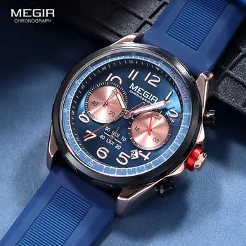MEGIR Navy Blue Quartz Watch for Men Military Sport Chronograph Neperšlampamas rankinis laikrodis su silikoniniu dirželiu Šviečiančios rankos Data