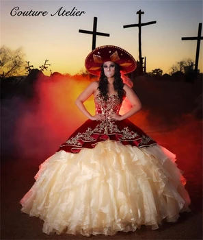 Meksikietiškas tiulis Ruched raudono aksomo siuvinėjimas Quinceanera suknelės Ball Gown 2024 Sweetheart Princess Sweet 16 suknelių vestuvinė suknelė