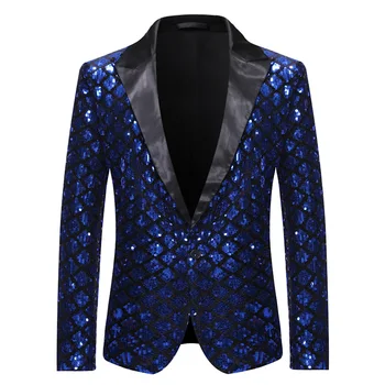 Mens Shiny Royal Blue Sequins Blazer Jacket One Button Tuxedo Blazer Men Party Wedding Bankquet Prom Stage Singers Costume Homme
