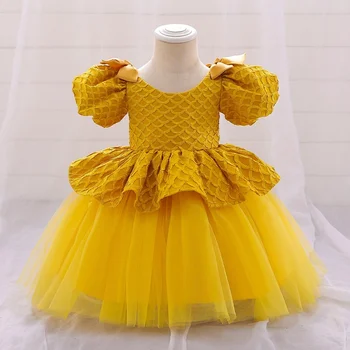 Mergaitė Baby Bow Princess suknelė Baby Bubble Sleeve Tortas Vieneri metai Banketų gėlė Mergaitė Vienerių metų performanso suknelė