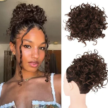 Messy Bun Chignon Hairpiece for Women Loose Wave Hair Buns Extensions Natural Synthetic Curly Hair Bun Ponytail Karščiui atsparus