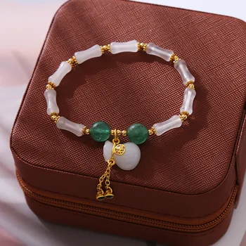 Minar Chinese Style 14K Gold Plated Brass Green Color Natural Stone Jade Bamboo Joint Lucky Bag Charm apyrankės moterims Dovana