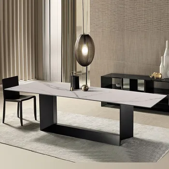 Minimalistinis dizaineris lengvas prabangus roko lentos valgomojo stalo ir kėdės derinys Šiaurietiškas stačiakampis modernus minimalistinis namų ūkis