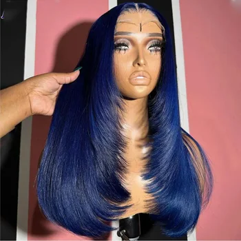 Minkšta tamsiai mėlyna 26inch 180% tankio ilgi šilkiniai tiesūs gilūs nėrinių priekiniai perukai juodaodėms moterims Kūdikių plaukai be klijų, nupešti kasdien