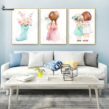 Modern Cartoon Little Girl Dog Wall Art Canvas Painting Poster Home Decoration Abstract Wall Art Prints Bedroom Decor