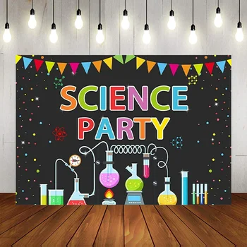 Mokslo gimtadienio vakarėlis Fonas Mad Fun Cheminiai eksperimentai Instrumentai Juodas fonas Vakarėlių dekoracijos Reklamjuostės dekoras Rekvizitai